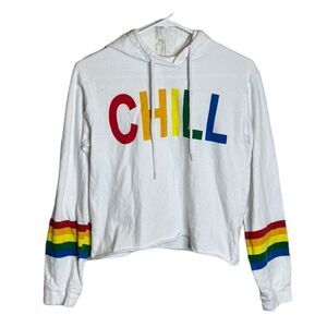 On Fire CHILL rainbow hooded pride long sleeve Cropped Top size Large